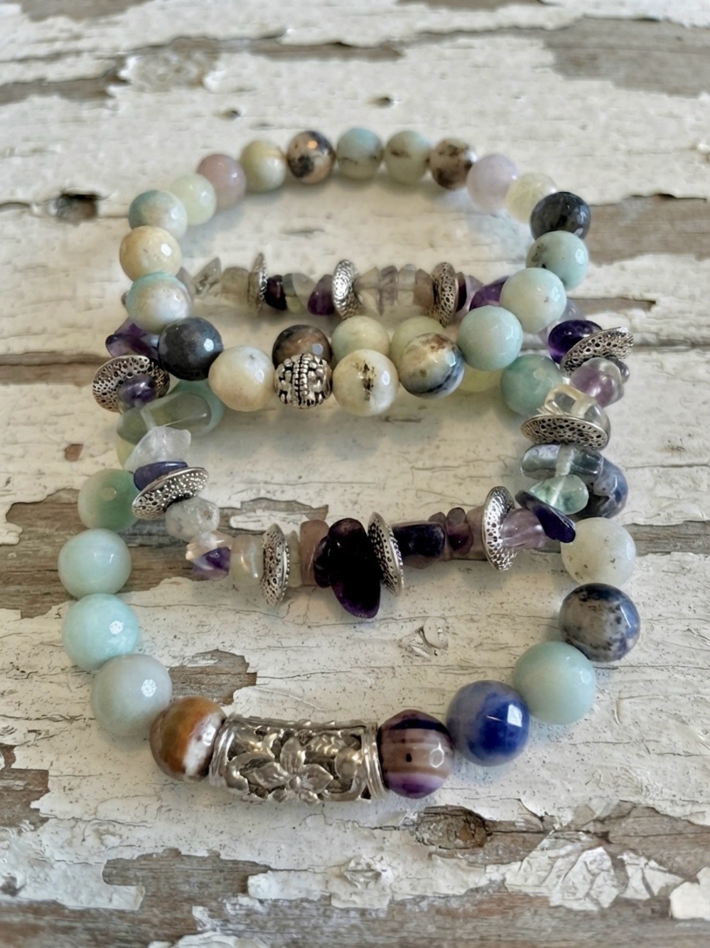 3 Green Faceted Aventurine & Fluorite & Silver Beaded Stretchy Bracelets